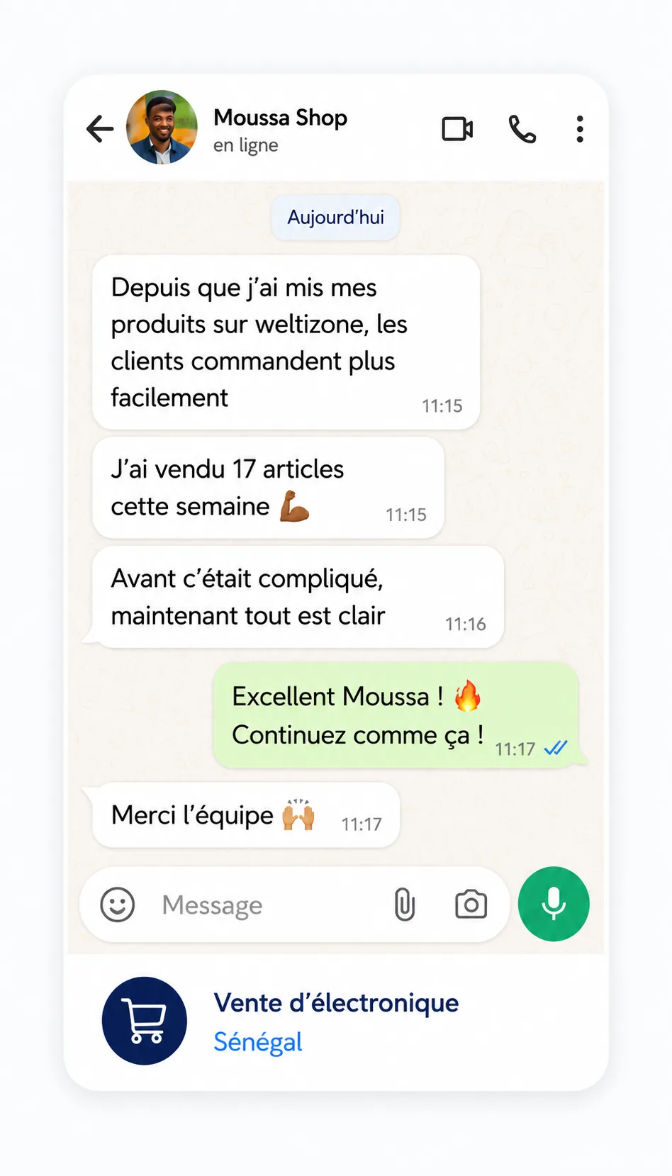 Témoignage d'un client restaurateur sur WhatsApp confirmant la facilité d'utilisation et l'impact positif sur ses commandes